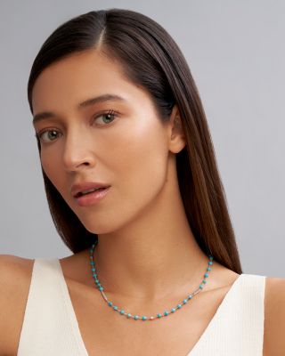 Sterling Silver Caviar Turquoise Bead Station Necklace, 16"-18"