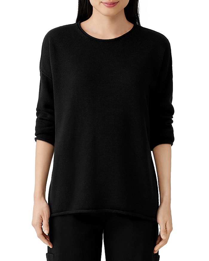 Eileen Fisher Boxy Rolled Edge Sweater In Black