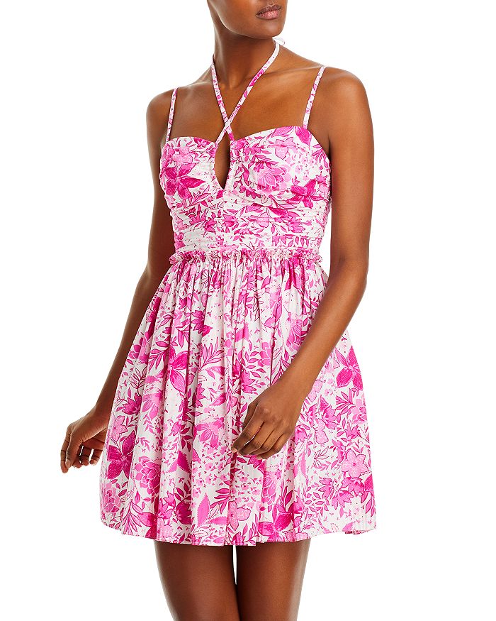 Cute Pink Floral Open Back Ruched Halter Top Shorts Tankini Set