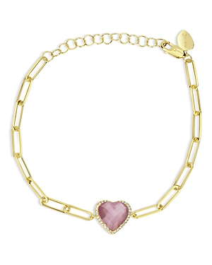 14K Yellow Gold Pink Amethyst Heart Paperclip Chain Bracelet
