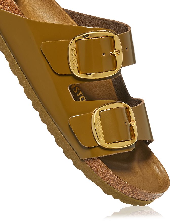 Shop Birkenstock Women's Arizona High Shine Big Buckle Slide Sandals In High Shine Mud Green/gold