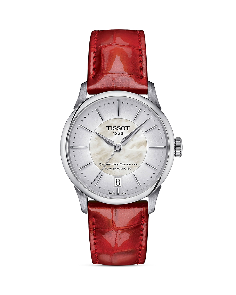 Tissot Chemin Des Tourelles Powermatic 80 Mother Of Pearl Dial Leather Strap Women's Watch T139.207.16.111. In Silver/red