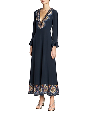 Etro Plunging Engineer Border-print Ruffle Cady Midi Dress In Navy