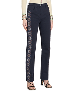 ETRO HIGH RISE STRAIGHT EMBROIDERED ANKLE JEANS IN NAVY
