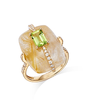 Bloomingdale's Peridot, Rutilated Quartz & Diamond Ring In 14k Yellow Gold - 100% Exclusive In Gold/green