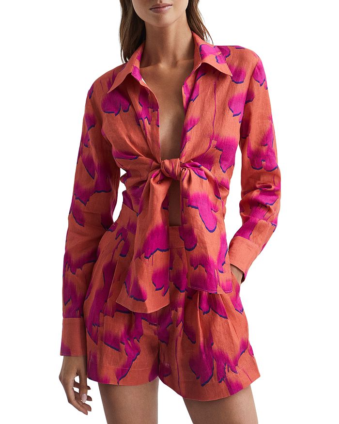 REISS Corrine Floral Tie Front Linen Shirt | Bloomingdale's