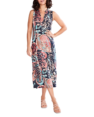 Nic + Zoe Batik Stamp Linen Blend Midi Dress In Indigo Multi