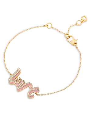 Shop Kate Spade Say Yes Pave Pink Love Script Link Bracelet In Gold Tone In Pink/gold