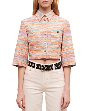 Maje Cropped Tweed Tailored Jacket In Orange