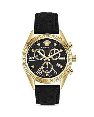 Versace Greca Chrono Leather Watch In Black