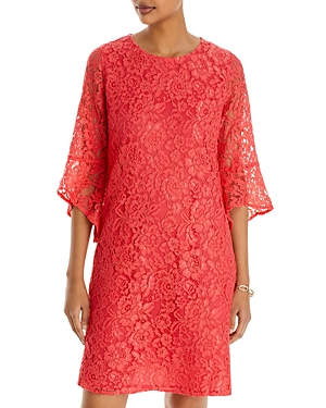 Caroline Rose Julia Bell-sleeve Floral Lace Dress In Coral