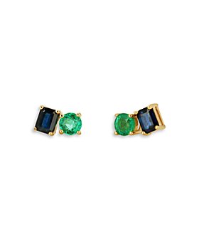 Rachel Reid - 14K Yellow Gold Emerald & Blue Sapphire Two Stone Stud Earrings