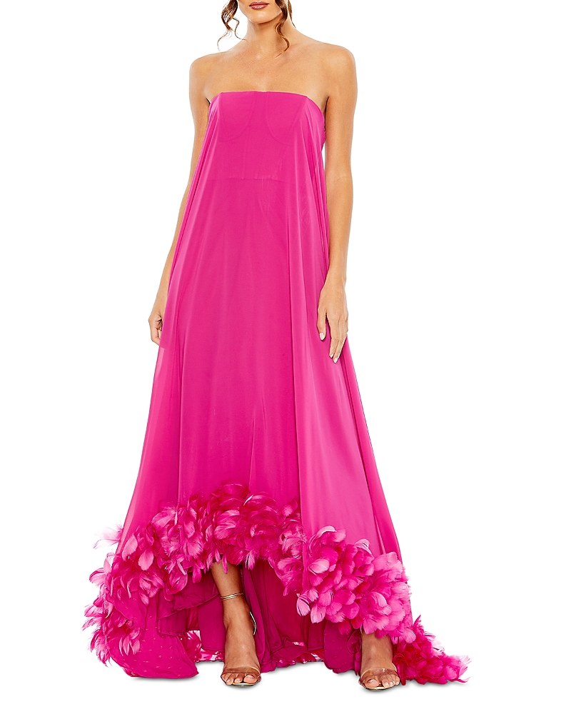 Mac Duggal Strapless Flared Feather Hem Gown