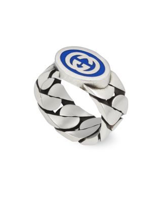 Sterling Silver Interlocked G Blue Enamel Logo Chain Link Ring