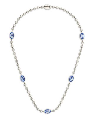 Sterling Silver Boule Blue Enamel Logo Station Collar Necklace, 19.6"