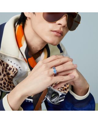 Sterling Silver Interlocked G Blue Enamel Logo Ring