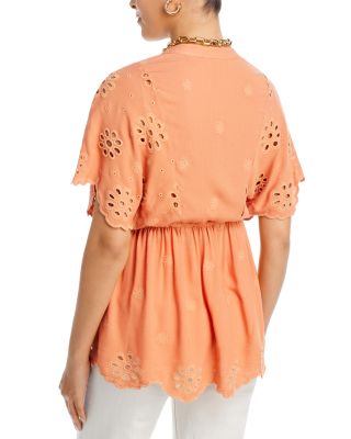 Split Neck Drawstring Waist Eyelet Blouse 