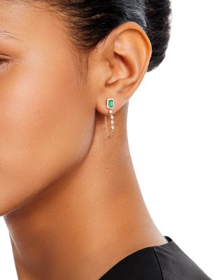 Emerald & Diamond Halo Chain Drop Earrings in 14K Yellow Gold 
