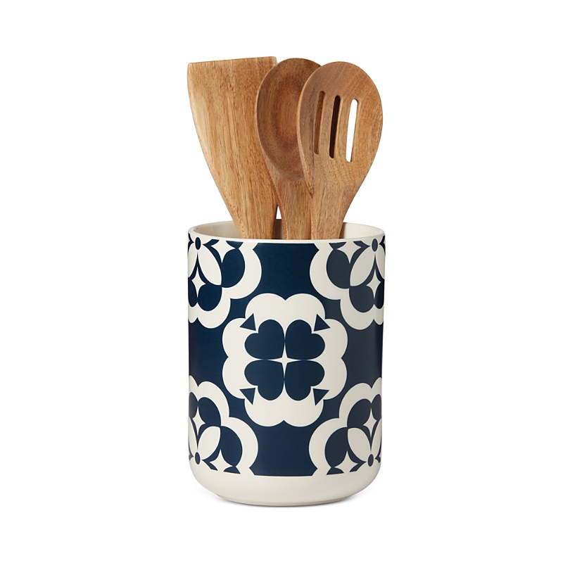 Kate Spade New York Elegant Geo Utensil Crock With Wood Utensils Set In Blue