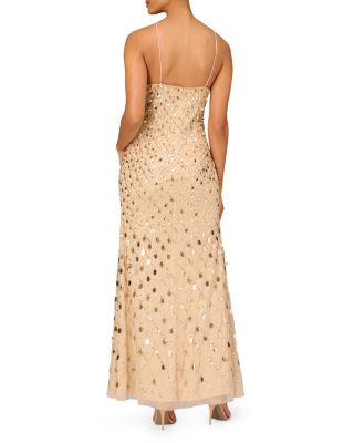 slim fit dress slacks Aidan Mattox Light Gold Beaded Sequin Crew Neck Short Sleeve Dress