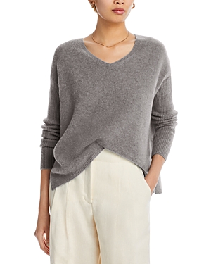 C By Bloomingdale's Cashmere V-neck Ribbed Sleeve Cashmere Sweater - 100% Exclusive In Medium Grey