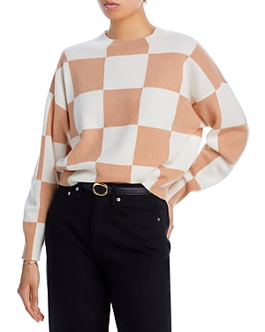 Aqua Cashmere Check Pattern Brushed Cashmere Sweater - 100% Exclusive In Ivory Camel