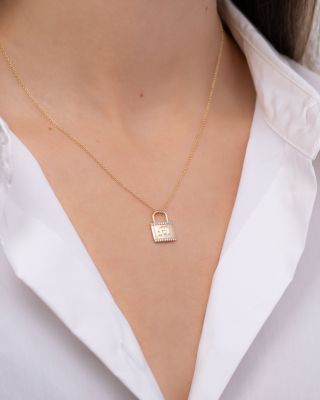 14K Gold Diamond Engraved Initial Lock Pendant Necklace, 16"-18"