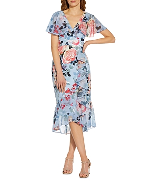 ADRIANNA PAPELL FLORAL PRINT FAUX WRAP RUFFLED DRESS