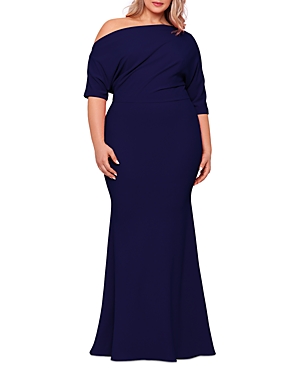 Betsy & Adam Plus One Shoulder Gown In Navy