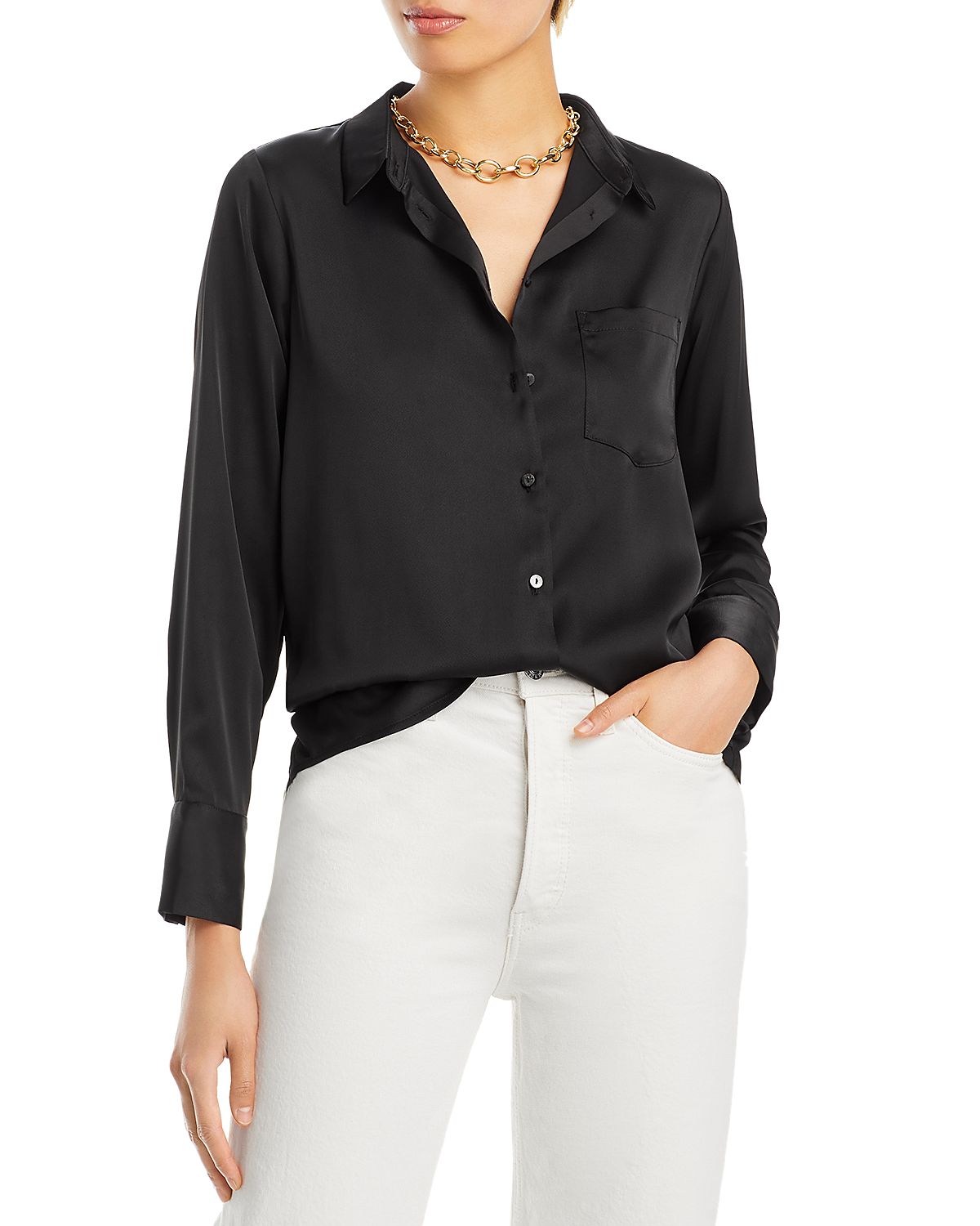 Aqua Satin Button Front Blouse - Exclusive