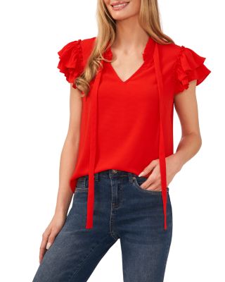 Cece Ruffle Tie Neck Top In Fireball