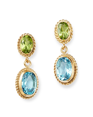 Bloomingdale's Peridot & Blue Topaz Double Drop Earrings In 14k Yellow Gold In Blue/green