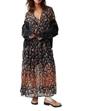 Free People See It Through Floral Long Sleeve Maxi Dress In Black Combo