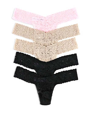 Shop Hanky Panky Signature Low-rise Thongs, Set Of 5 In Black/bliss Pink/chai