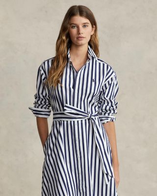 Belted Striped Cotton Shirt Dress