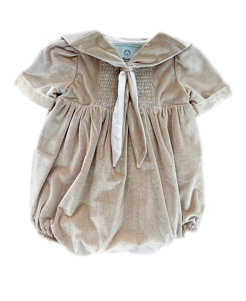 Petite Maison Unisex Helenus Sailor Neck Tie Velour Bubble Romper In Beige