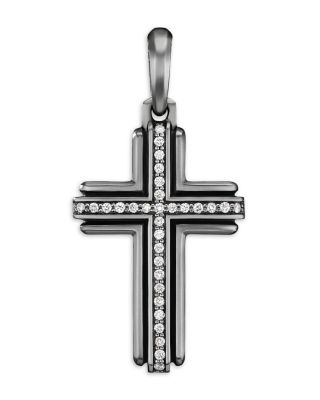 David Yurman Men&#039;s Deco Cross Pendant in Sterling Silver with Diamonds, 34mm