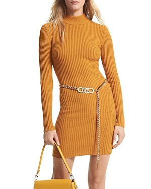 Shop Michael Kors Mock Neck Ribbed Sweater Dress In Marigold