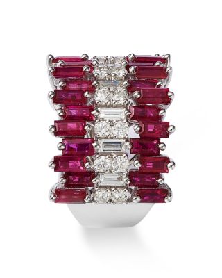 Ruby & Diamond Triple Row Ring in 14K White Gold
