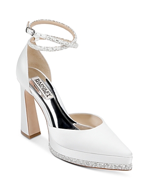 Shop Badgley Mischka Women's Elaina Ankle Strap Pointed Toe High Heel Pumps In White Satin