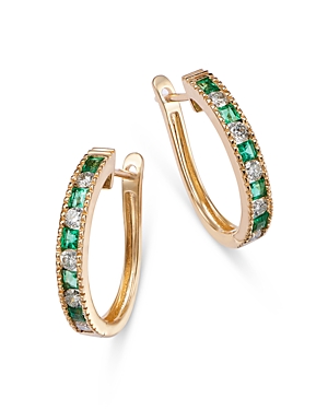 Bloomingdale's Emerald & Diamond Small Hoop Earrings In 14k Yellow Gold In Green/gold