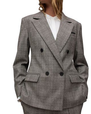 Allsaints Bea Check Double Breasted Wool Blend Blazer In Grey