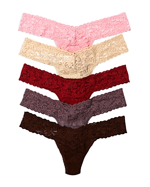 Hanky Panky 5 Pack Low Rise Signature Lace Thongs In Printed Box In Pink/sand