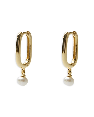 Cultured Freshwater Pearl Charm Oval Hoop Earrings in 18K Gold Plated Sterling Silver