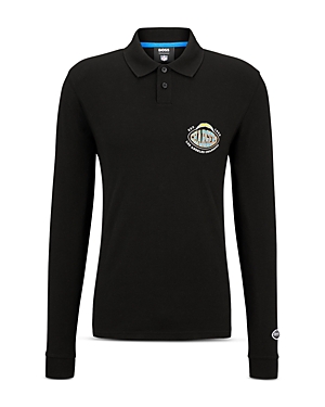 Hugo Boss Nfl Los Angeles Chargers Cotton Printed Regular Fit Long Sleeve Polo Shirt In Black