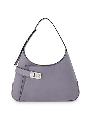 Shop Ferragamo Archive Large Leather Shoulder Bag In Fog Gray/silver