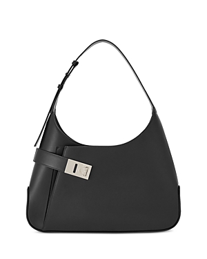 Ferragamo Archive Large Leather Shoulder Bag In Black/silver