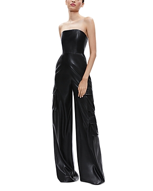 Shop Alice And Olivia Emelda Faux Leather Strapless Cargo Jumpsuit In Black