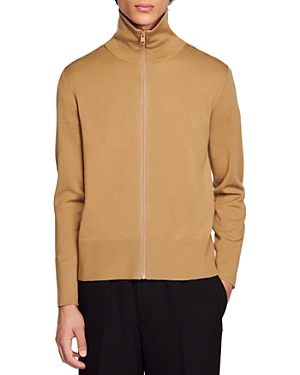 Sandro Zip Front Wool Cardigan In Caramel