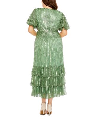  Plus Beaded Faux Wrap Flutter Sleeve Ruffle  Dress